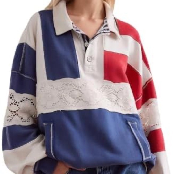 We The Free Red and Blue Lace Sweatshirt - Picture 1 of 4